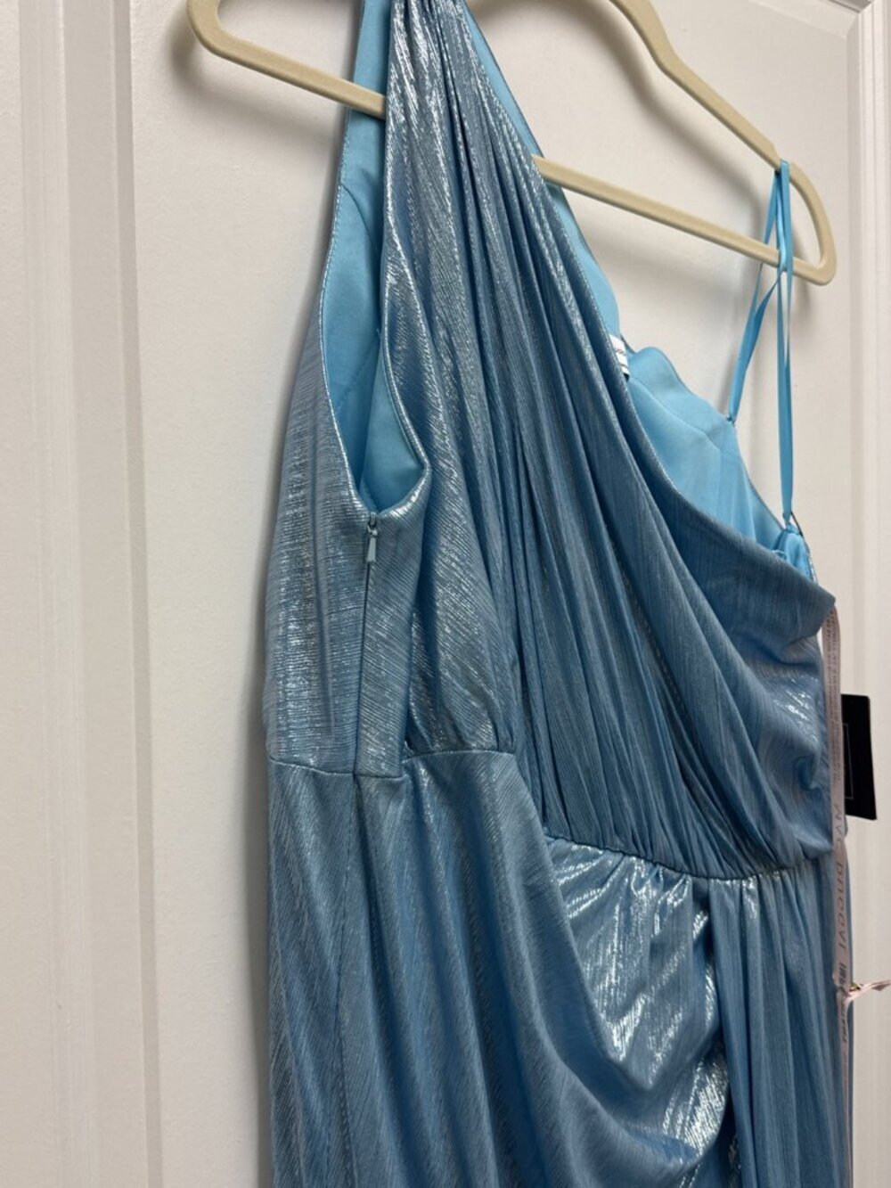 Mac Duggal Size 14 Blue 26537 Metallic One-Shoulder Maxi Gown Dress Prom NWT - Picture 6 of 10